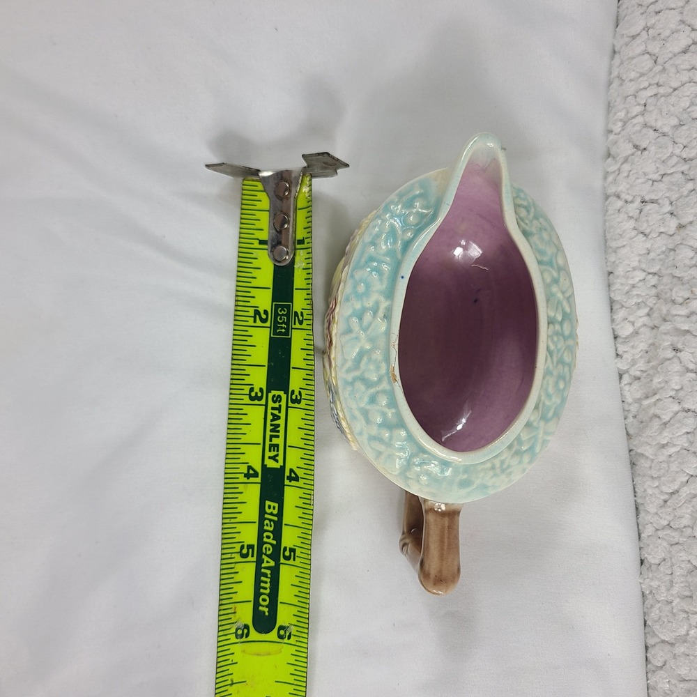 Vintage Ceramic Fan Floral Creamer Pitcher Pastel Faux Bamboo Handle Lavender - Picture 4 of 8